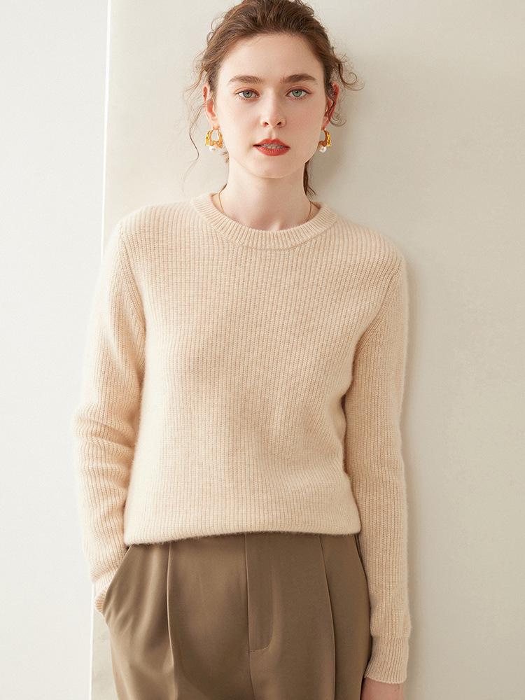 Autumn/Winter 2024 Women's Cashmere Knit Ribbed Sweater – Loose, Slimming, Round Neck Base Layer Top