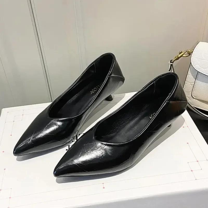 Модные Новые Женские Туфли-лодочки с Острым Носком, Туфли на Каблуке-рюмочке, Платье, Серебристые Офисные Рабочие Туфли для Женщин, Черные Весенне-осенние