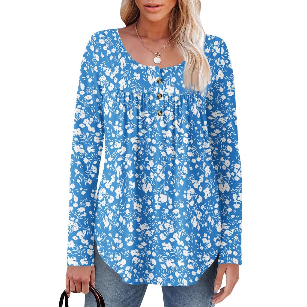 Женская туника с длинным рукавом, свободные топы, повседневные топы оверсайз, плиссированная туника, застегивающаяся на пуговицы, повседневные женские топы с принтом