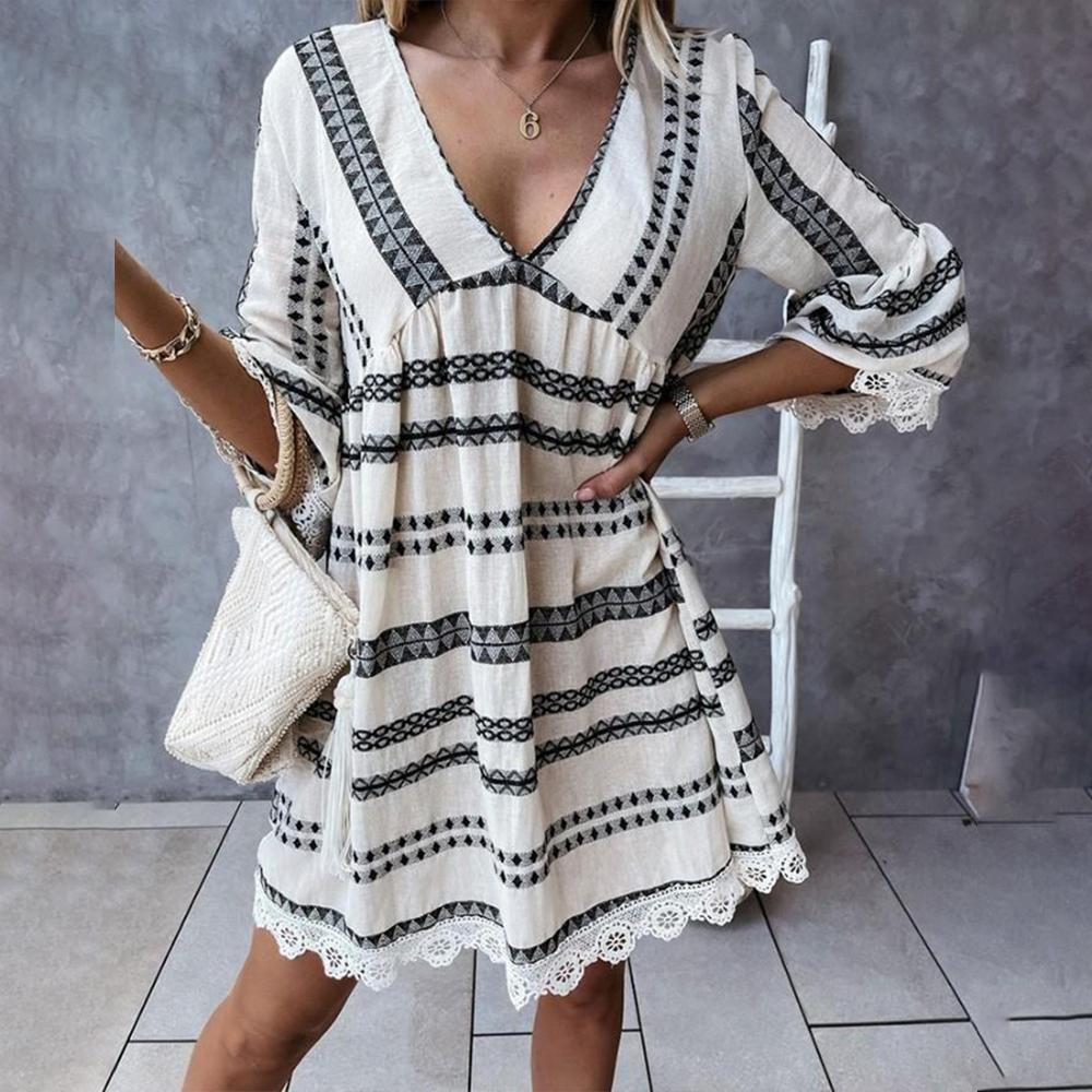 Женское богемное платье трапециевидной формы с рукавами 3/4 и V-образным вырезом, праздничный пляжный сарафан