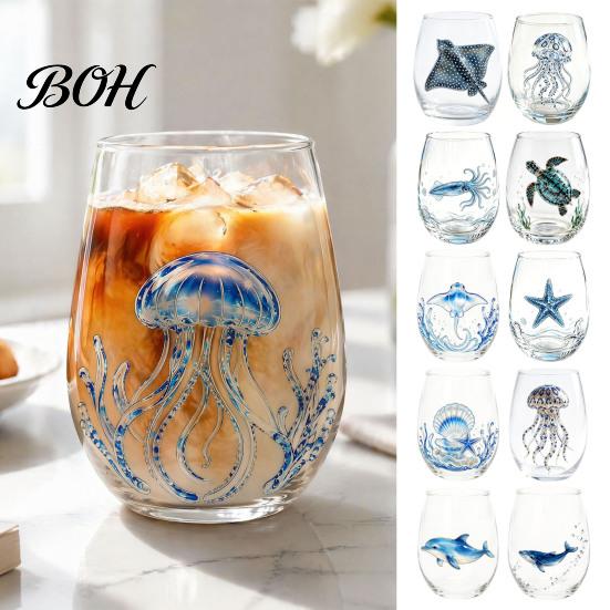 Stylish Nautical Themed Cup Marine Animal Theme Clear Glass Tumbler, Handcrafted Painted Glassware, Elegant Celebration Gift Creative Unique Drinking