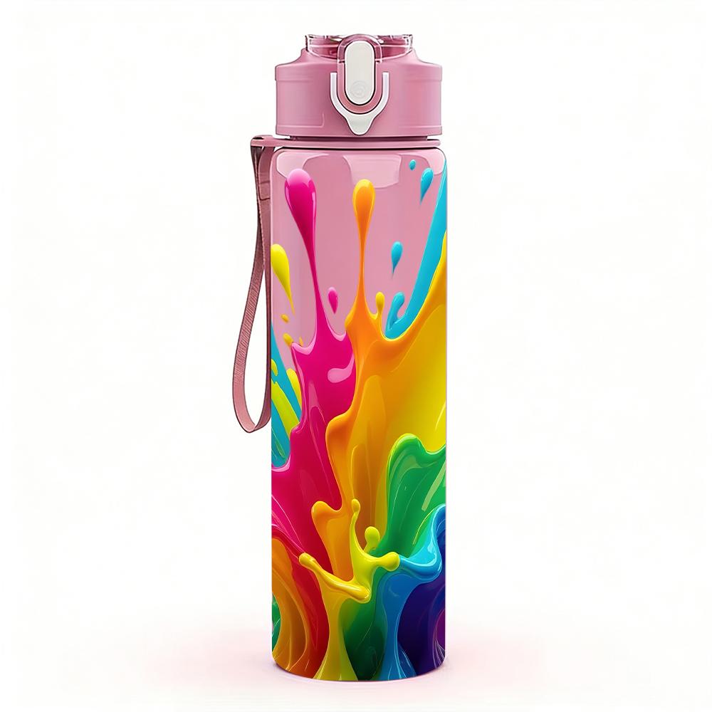 1PC Multicolor Rainbow Ink Splash 750ml Color Plastic Water Bottle Leakproof Flip Straw Lid For Sports Office Home Use