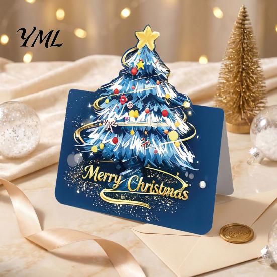 Festive Gift Cards for Relatives Friends 10 Pcs 3D Christmas Tree Greeting Cards, Holiday Postcards Decorative Bulk New Year, Winter Xmas Party