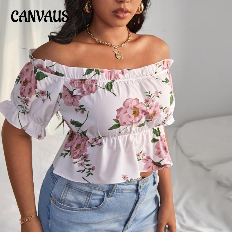 Плюс Размер Женский Сексуальный Воротник Одной Линии Темперамент Цветочный Короткий Рукав Короткий Топ