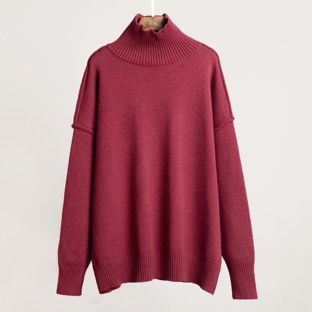 Women's Patchwork Turtleneck Sweater Autumn Winter New Casual Loose Lazy Thick Knit Pullover