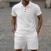 Men's Solid-color Short-sleeved  Shirt With Elastic Waist And Lace-up Shorts Set