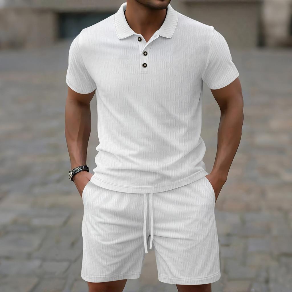 Men's Solid-color Short-sleeved Shirt With Elastic Waist And Lace-up Shorts Set