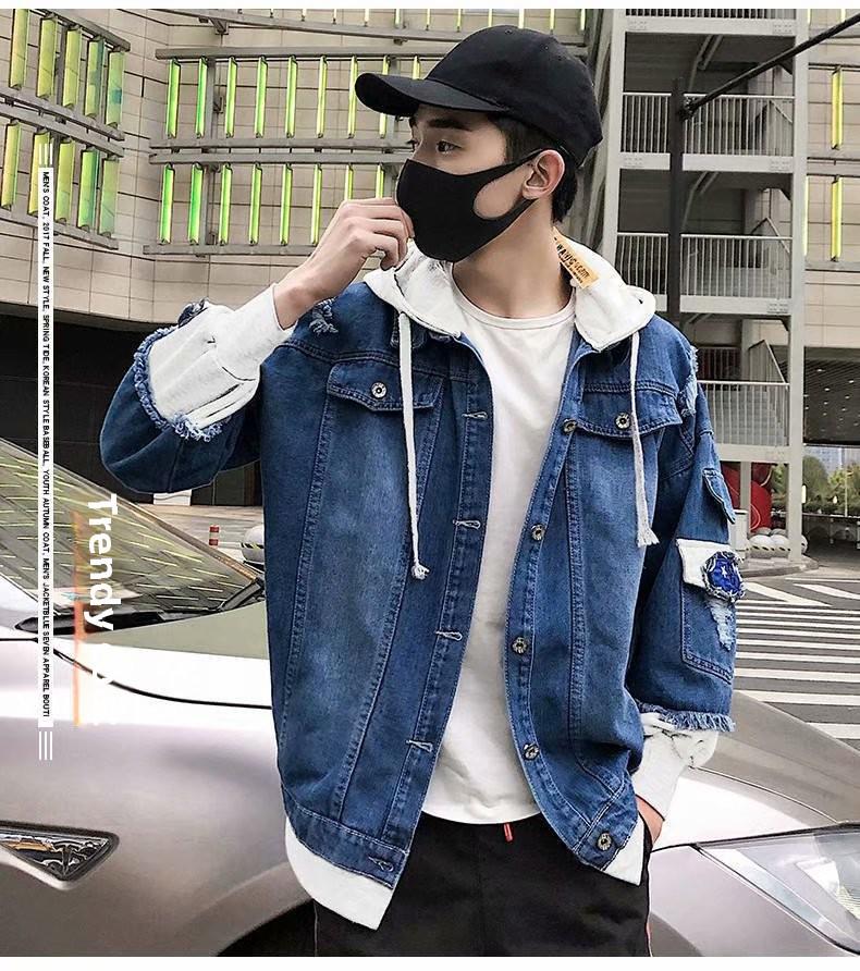 Мужская модная джинсовая куртка с капюшоном и вставками из денима — комплект из двух предметов на весну и осень