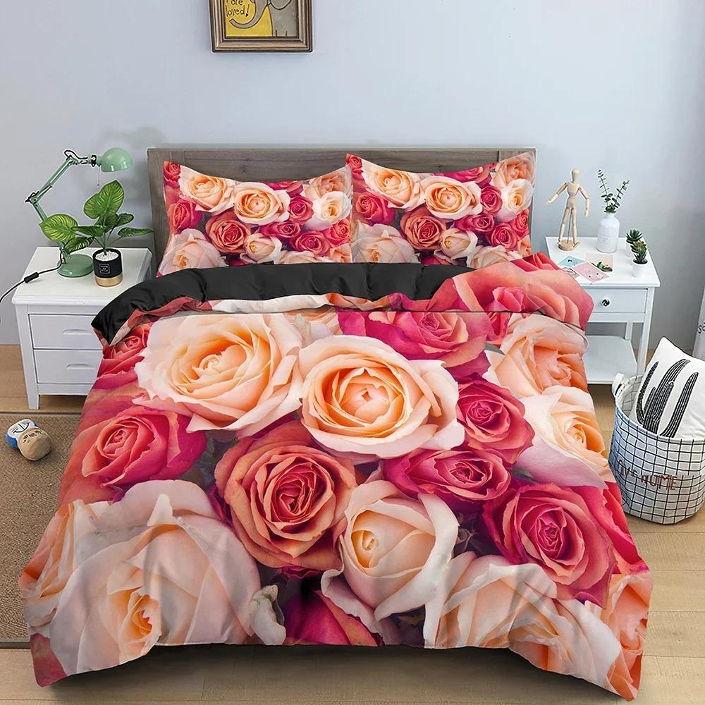 3D Rose Flower Duvet Cover Queen King Double Bedding Set Quilt Cover with Zipper Closure King Size Polyester Quilt Cover