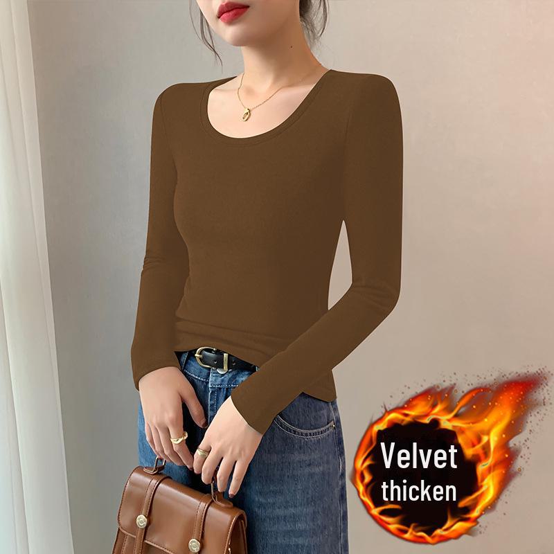 Женская бархатная рубашка Slim Fit: Круглый вырез, длинные рукава, однотонный, идеально подходит для осени и зимы