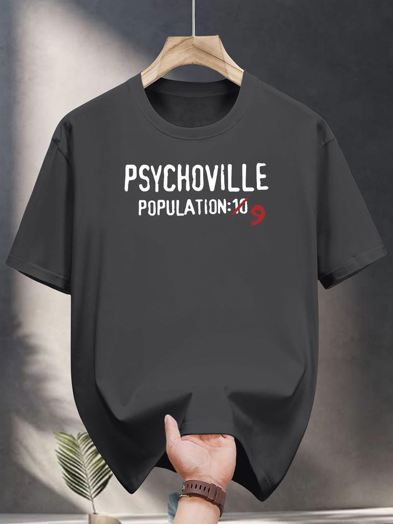 200g 100% Cotton Graphic Print T-shirt - Black Casual Short Sleeve Round Neck Summer Tee with Bold "PSYCHOVILLE POPULATION -30" Design
