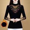 New Spring Embroidery Hot Diamond Plus Velvet Thickened Mesh Base Shirt for Women