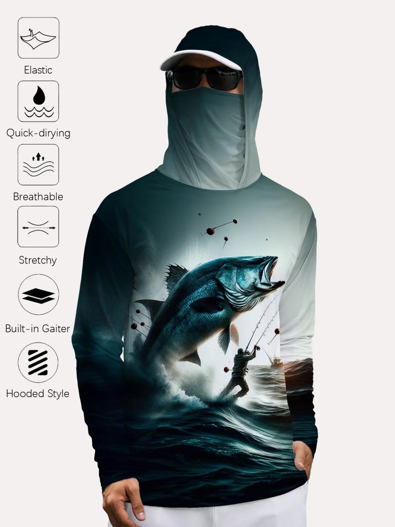 Men'S Outdoor Fishing Hooded Face Cover Long Sleeve Quick-Drying Breathable Stretchy Fishing Sports Shirt