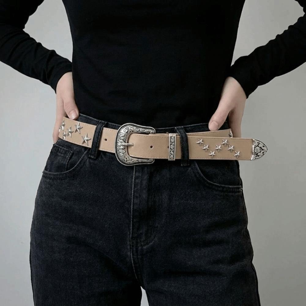 Solid Color Western Studded Belt Gothic Star Waistband Trouser Belt Y2K Punk Belt  Unisex
