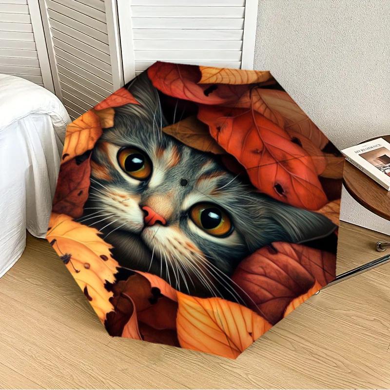 1pc Autumn Leaves Cat Print Automatic Folding Umbrella - Compact 8-Rib Design,Perfect Gift for Friends & Family yy250926017