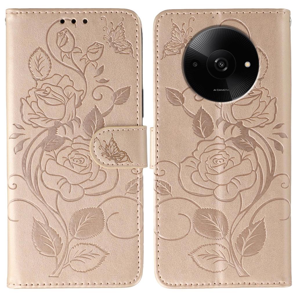 For Xiaomi Poco C61 4G/Redmi A3 4G Case Wallet Stand Imprinted Rose Butterfly PU Leather Phone Cover