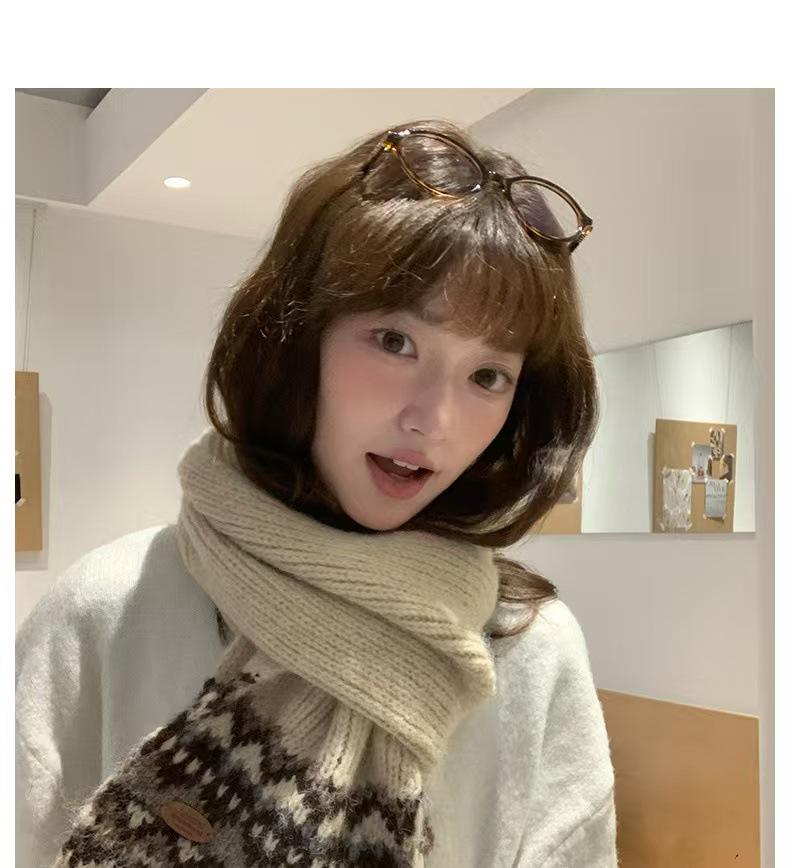 Fair Isle Red Wool Christmas Scarf: Women's Winter 2024 Korean Style Neck Warmer