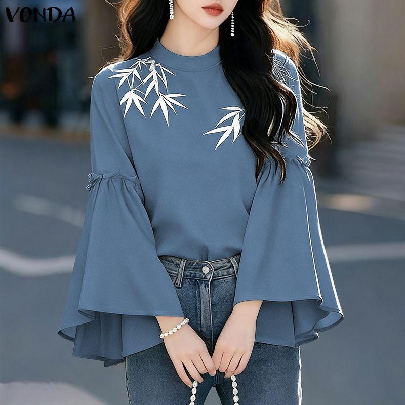 VONDA Женская элегантная повседневная блузка с воротником-стойкой, длинными расклешенными рукавами и вышивкой
