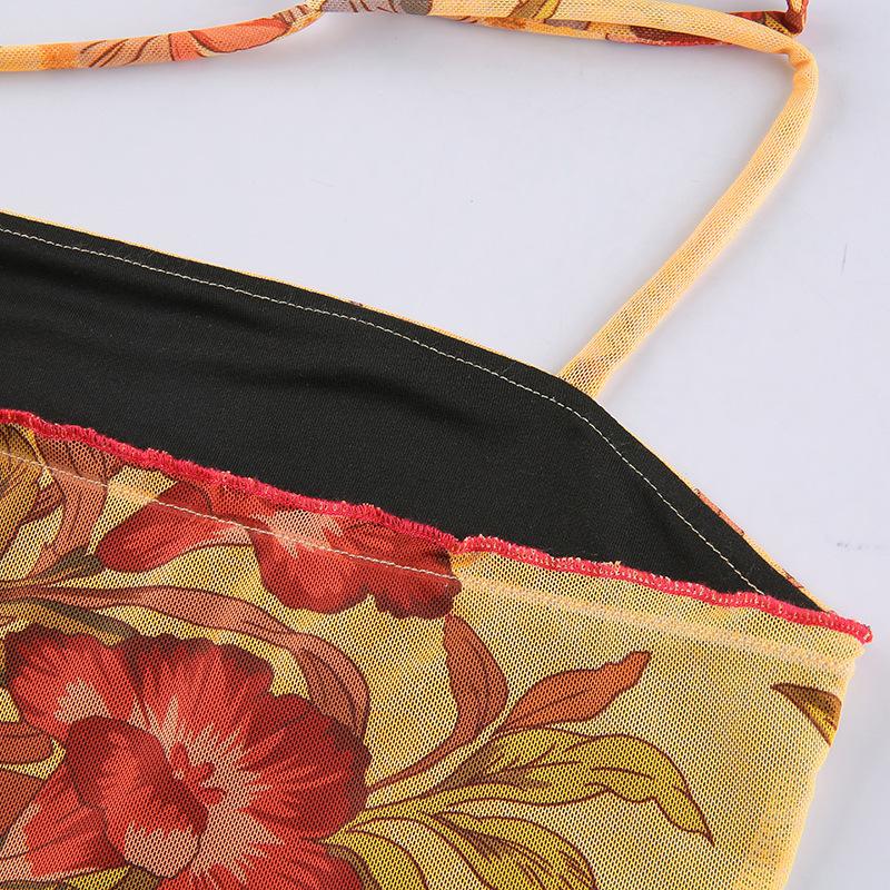 Y2K Mesh Sheer Floral T-shirt Vintage Halter Tops Women Sleeveless Slim Fit Crop Top Harajuku Streetwear