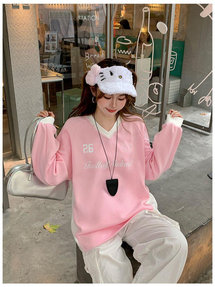 Women's Cotton Lace Trim Color Block V-Neck Sweatshirt – American College Style