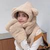 Женская зимняя плюшевая шапка с милым медвежьим ухом 3 в 1, шапка, шарф, перчатки, комплект, сплошной цвет, теплая повседневная флисовая теплая шапка с шеей, модные аксессуары