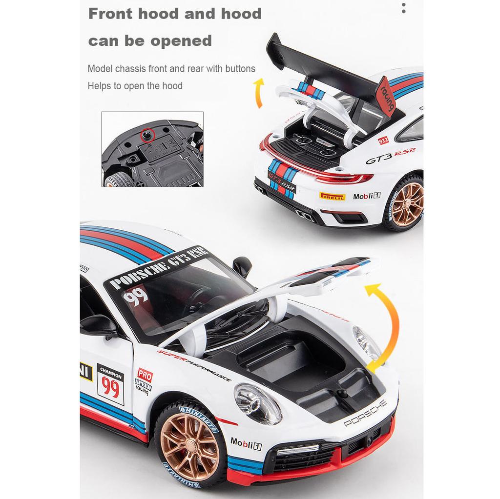 1/24 Scale 911 GT3 RSR Sports Diecast Car Model Toy, Pull Back Toy Vehicle with Sound and Light for Kids Toddler Boys Girls Gift Collection