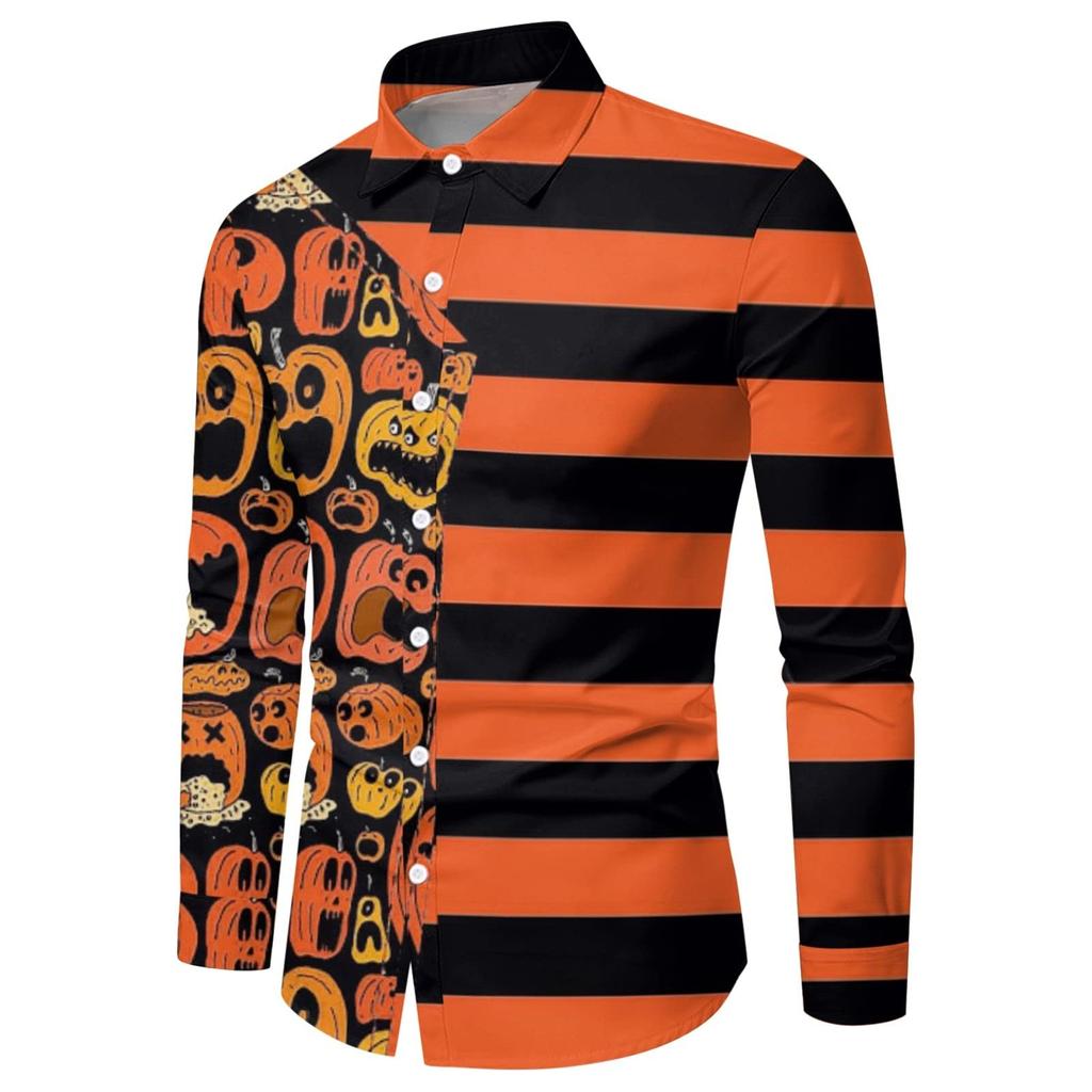 Мужская рубашка на Хэллоуин с тыквой, приталенная рубашка на пуговицах с длинным рукавом, забавная гавайская пляжная рубашка, тематическая одежда для вечеринок