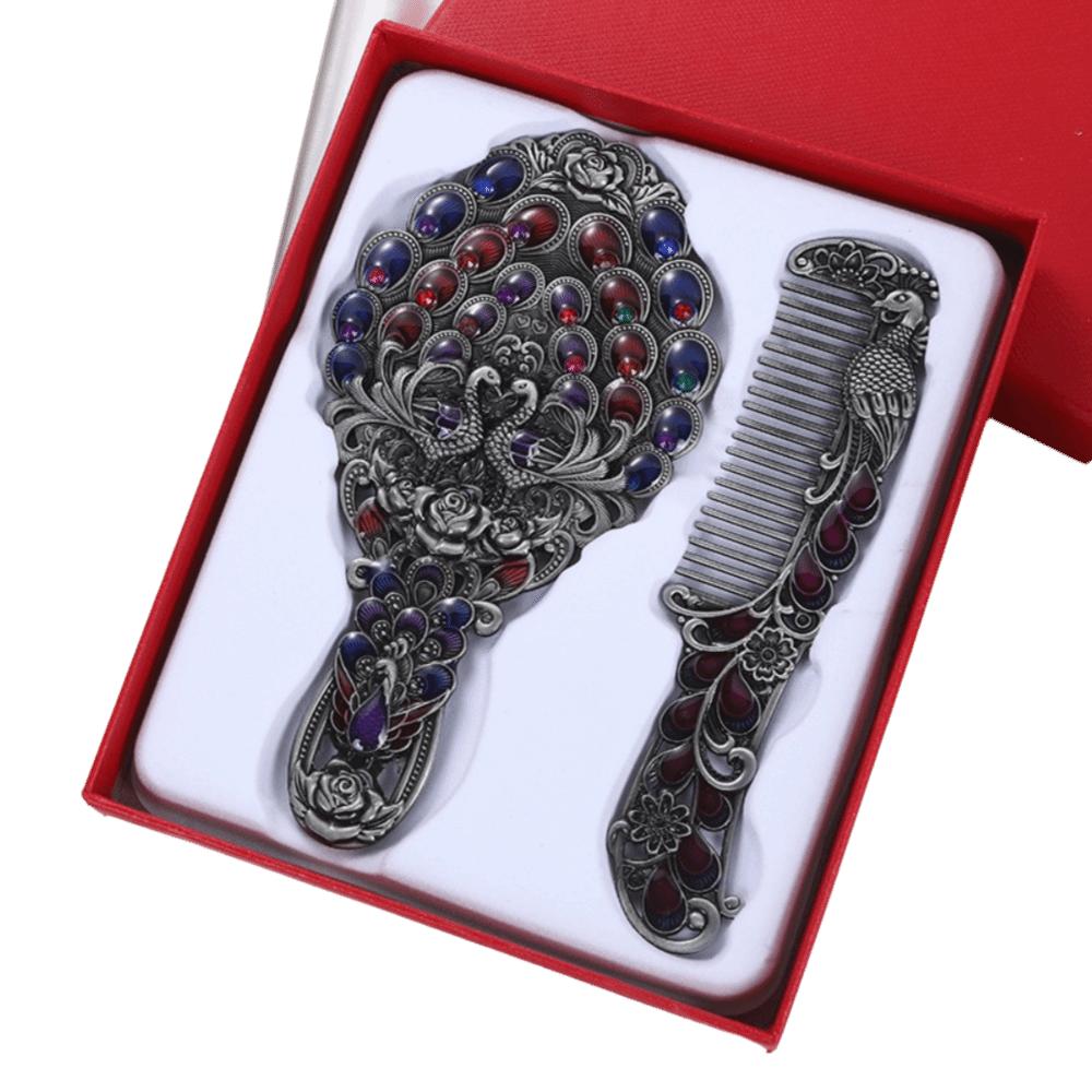 Hand-held Peacock Makeup Mirror Comb Set Portable Cosmetic Mirror Birthday Gift