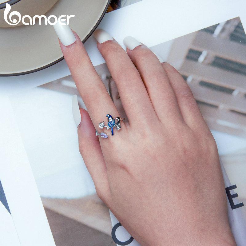 BAMOER 925 Sterling Silver Exqusite Blue Bird Ring for Women Fine Jewelry Dainty Leaf Open Ring Fashion Wedding Gift