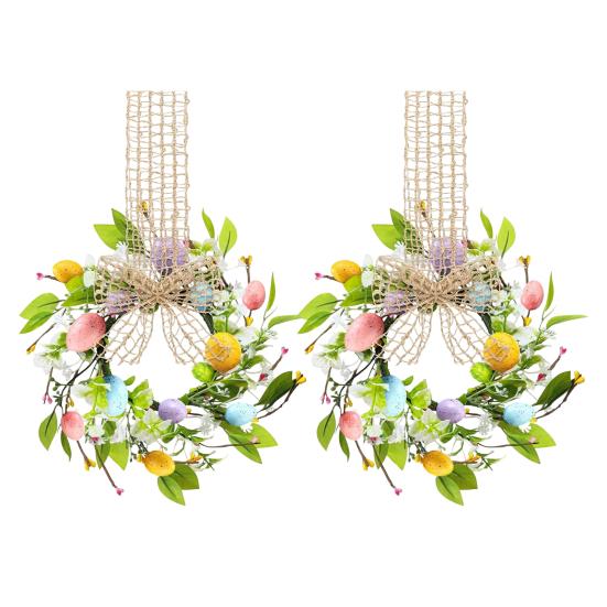 Маленький пасхальный венок-яйцо для входной двери Искусственный венок с разноцветными весенними яйцами Венок в стиле кантри для подвешивания на кухонный шкаф с лентой