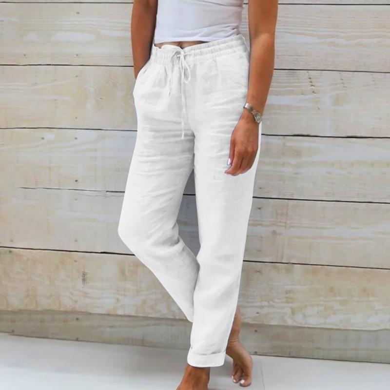2024 Новые женские летние эластичные поясные карманы с карманами, однотонные хлопковые и льняные широкие брюки, свободные брюки с девятью очками