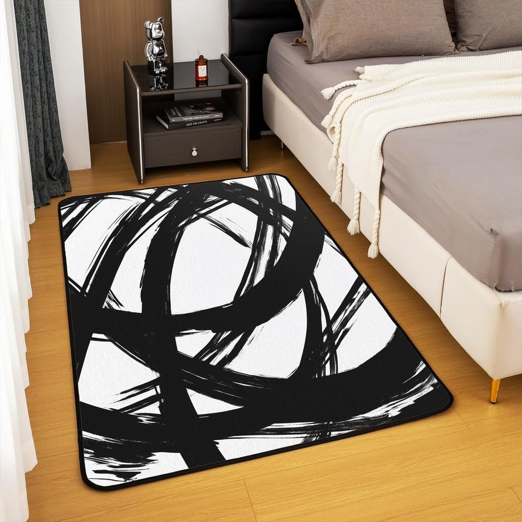 Black and White Abstarct Area Rug 6'6" x 4'11" for Adult Women Men, Geometric Striped Carpet for Minimalists,Graffiti Lines Indoor Floor Mat
