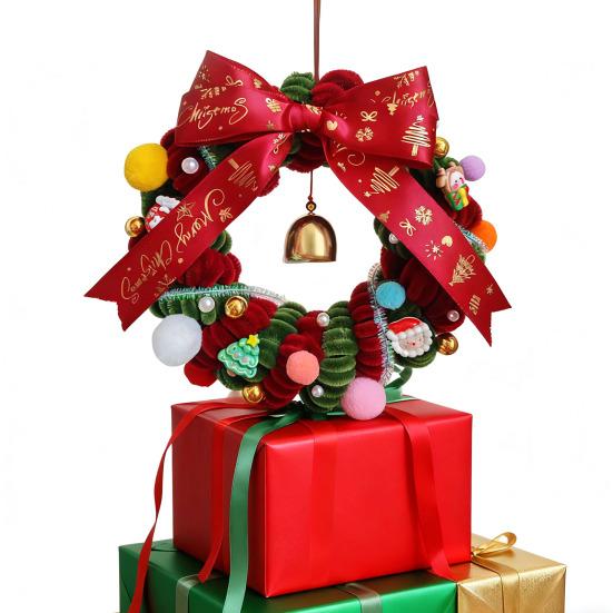 1 Набор Рождественский венок с красным, зеленым синелем, колокольчиком, подвеской Санта, оленем, лентой, сделай сам, ручная работа, елка, праздничная вечеринка, подвесное украшение для венка