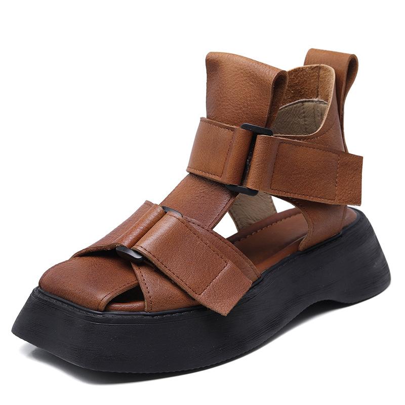 Johnature Square Toe Platform Sandals Vintage Genuine Leather Thick Soled Women's Summer Boots