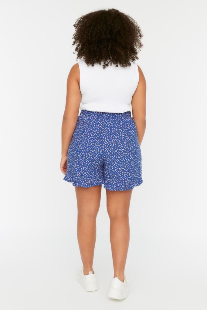 Women's Style Plus Size Navy Blue Floral Patterned Woven Tied Shorts Skirt