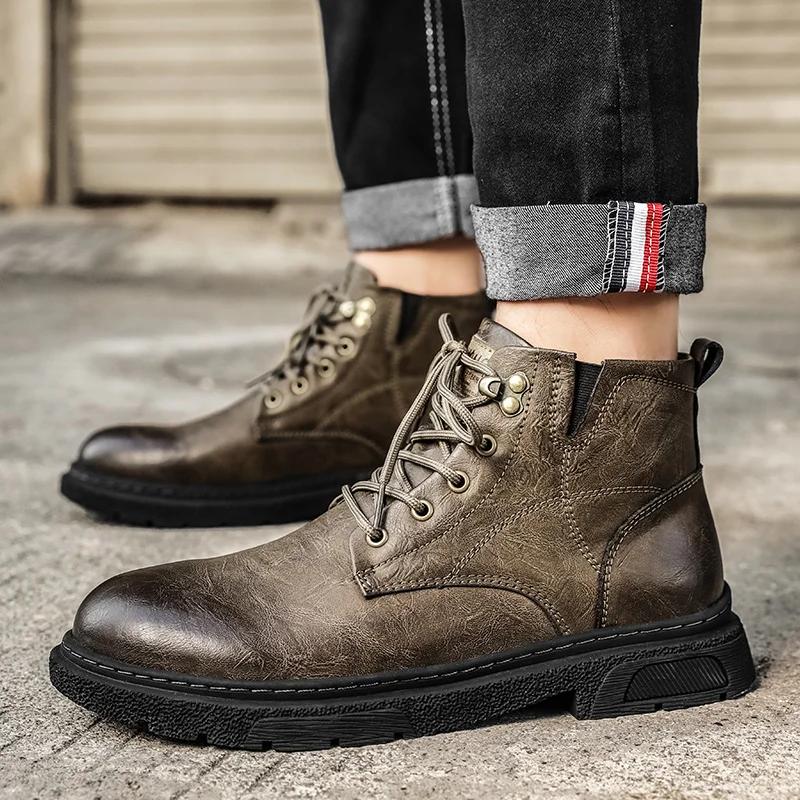 Men's Boots, New Autumn British Style Retro High Top Workwear Leather Shoes, Mid Top Business Casual Men's Shoes