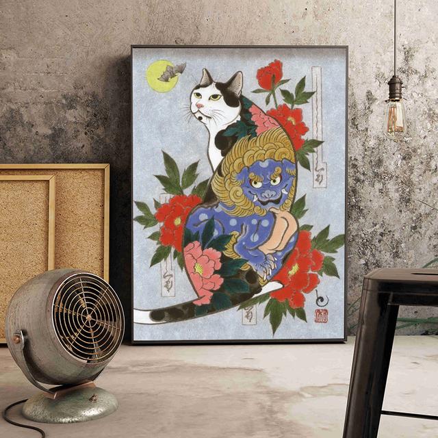 Solid Wood Frame Japanese Floating Samurai Cat Canvas Painting Retro Style Posters and Prints Wall Art Pictures for Living Room Wall Decor