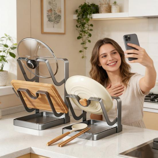 Держатель крышек для кастрюль на столешницу во время готовки, кухонный органайзер для крышек кастрюль с подставкой для ложки, стойка для хранения крышек сковородок из углеродистой стали с поддоном для капель для крышек кастрюль