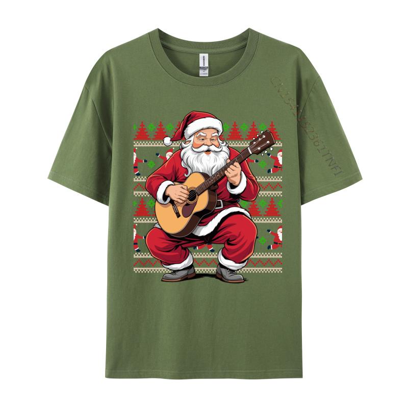 Santa Playing Guitar Funny Christmas Classic Guitar Santa T-Shirts Autumn 100% Cotton Top T-Shirts Student Tee Shirts