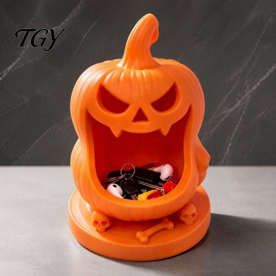 Desktop Jewelry Storage Dish Halloween Pumpkin Candy Bowl, 3D Printed Box with Skull Bone Grimace Base, Portable Trick or Treat Key Container for Home