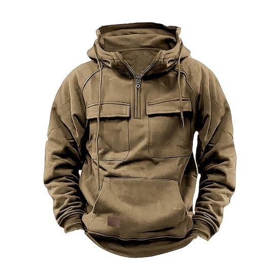 Men's Large Patch Pocket Drawstring Long Sleeve Half-Zip Hoodie
