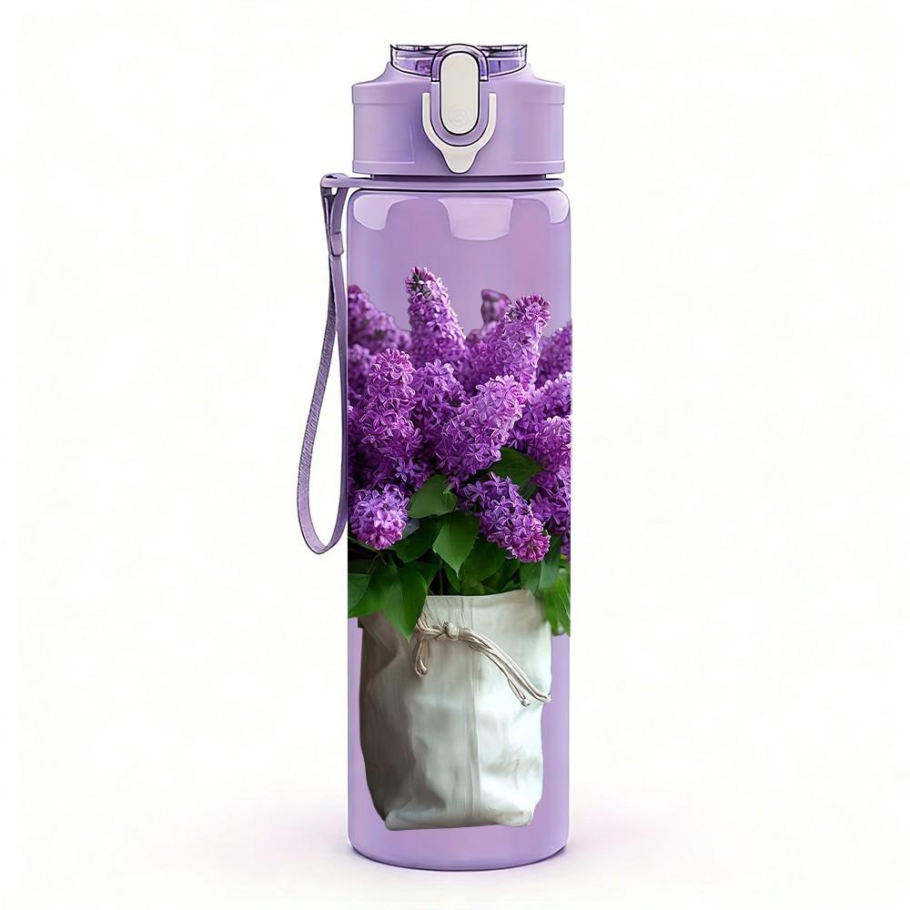 1PC Purple Lavender In Ceramic Pot Print 750ml Color Plastic Sports Water Bottle Leakproof Flip Straw Lid Suitable for Sports Office Home Use