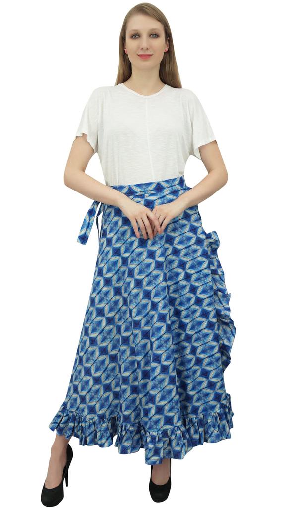 Phagun Shibori Printed Women's Blue Skirt Self Belt Cotton Ruffled Wrap