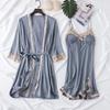 Women's Silk Five-Piece Pajama Set: Spring/Autumn Nightdress & Robe with Chest Pad