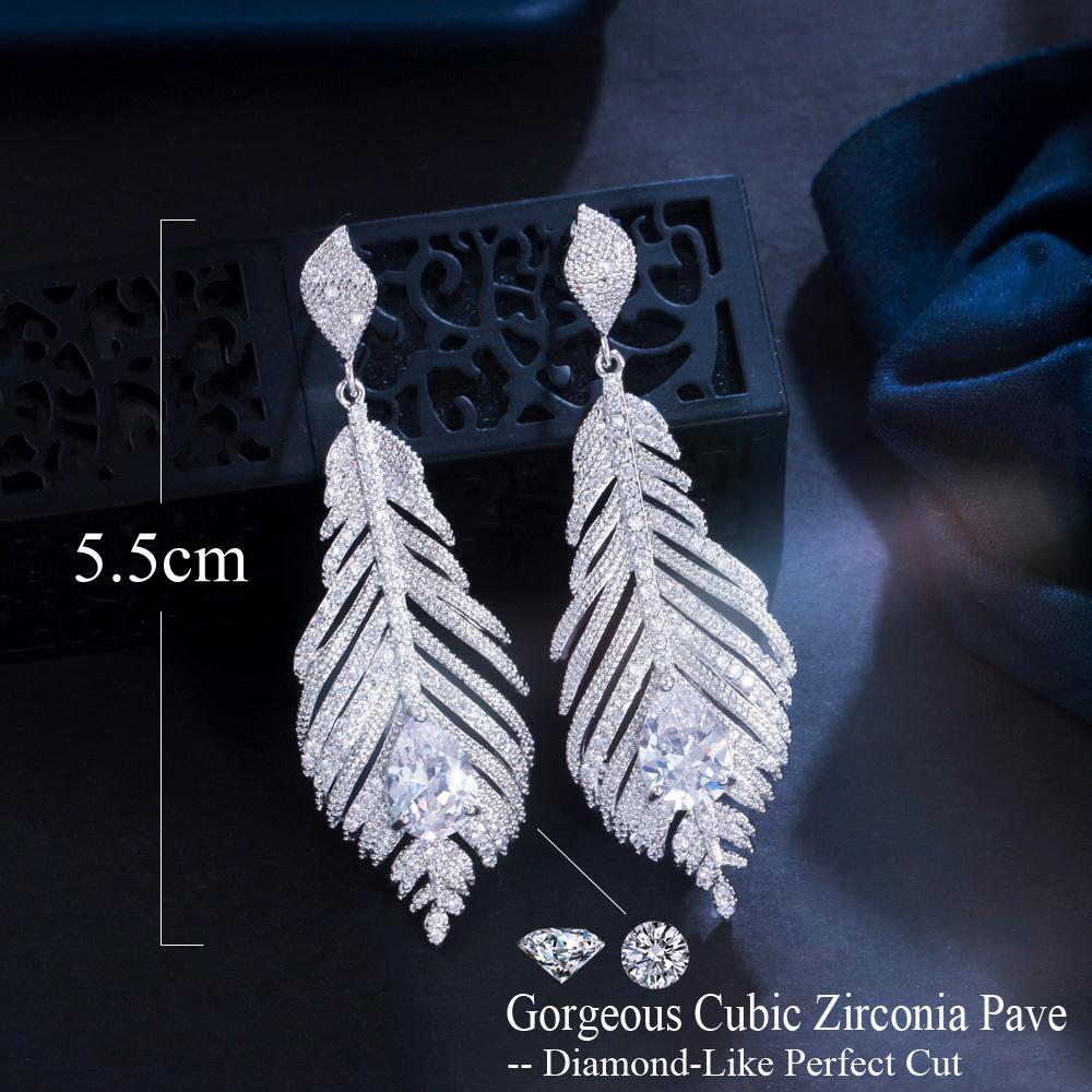 CMM Beautiful Sparkling Zircon Long Feather Drop Earrings