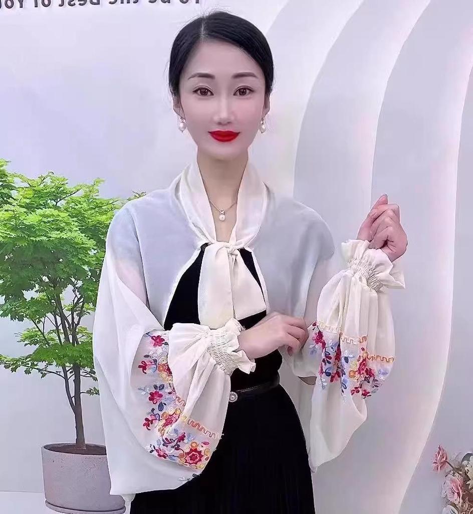 Летняя мода 2025 года, вышитый шифоновый платок с длинным рукавом из ледяного шелка для защиты от солнца при вождении и в помещениях с кондиционером