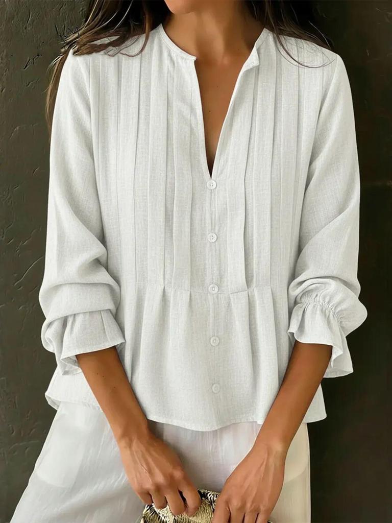 Женская хлопково-льняная рубашка в полоску с V-образным вырезом и длинным рукавом, весна/лето 2025