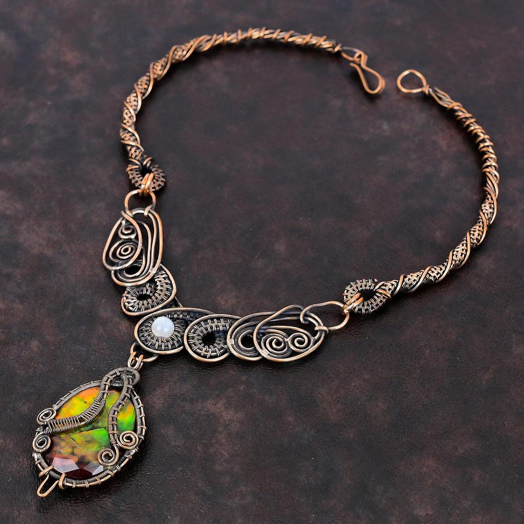 Faceted Ammolite Necklace Copper Wire Wrapped Necklace Rainbow Moonstone Jewelry Gemstone Necklace Handmade Copper Jewelry Anniversary Gift