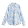 Pajamas Women's 2 Piece Set Blue Printed Long Sleeve Button-Down Shirt High Waist Pants Sexy Pajamas Home Set New Style