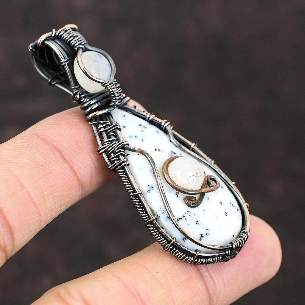Подвеска из опала дендрита, обернутая медной проволокой, подвеска из лунного камня, обернутая ювелирным изделием, подвеска из меди ручной работы, достойные ювелирные изделия из драгоценных камней для подарка
